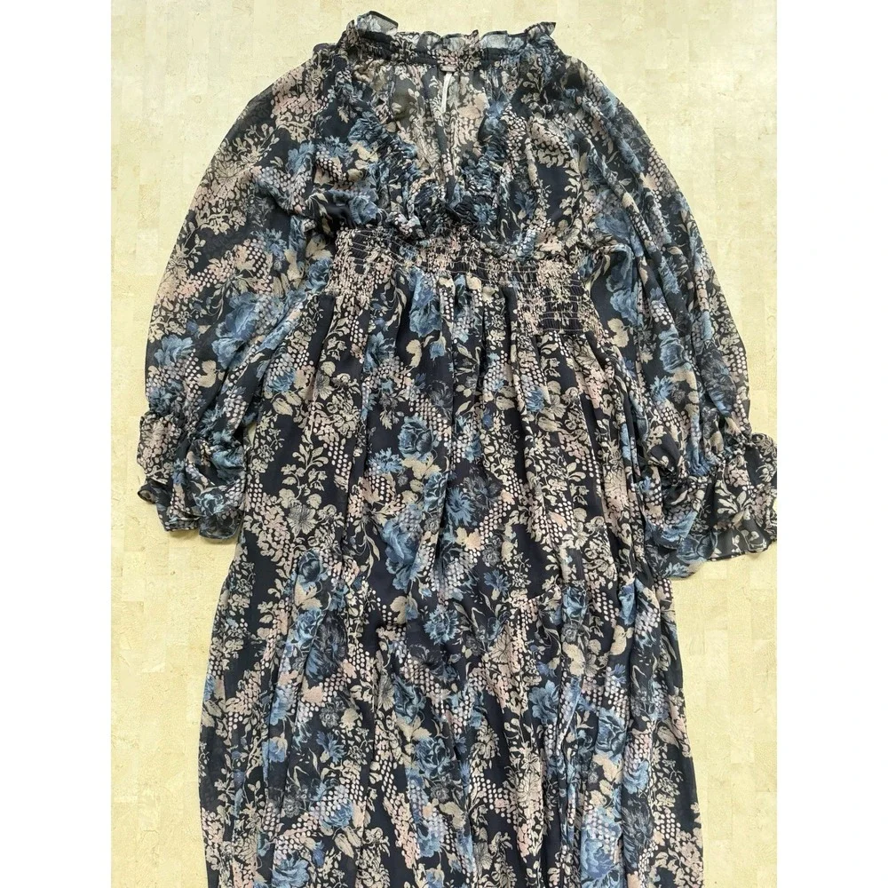Free People Lena SOLD OUT Floral Swing Midi Dress Boho Peasant Fairy Flowy Sz XS - Picture 11 of 11